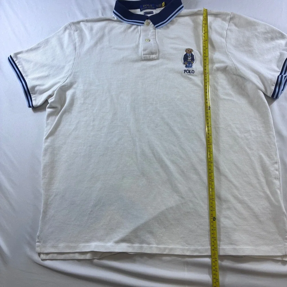 Polo Ralph Lauren Mens XXL White Polo Bear Classic Fit Mesh Shirt Stripe Collar